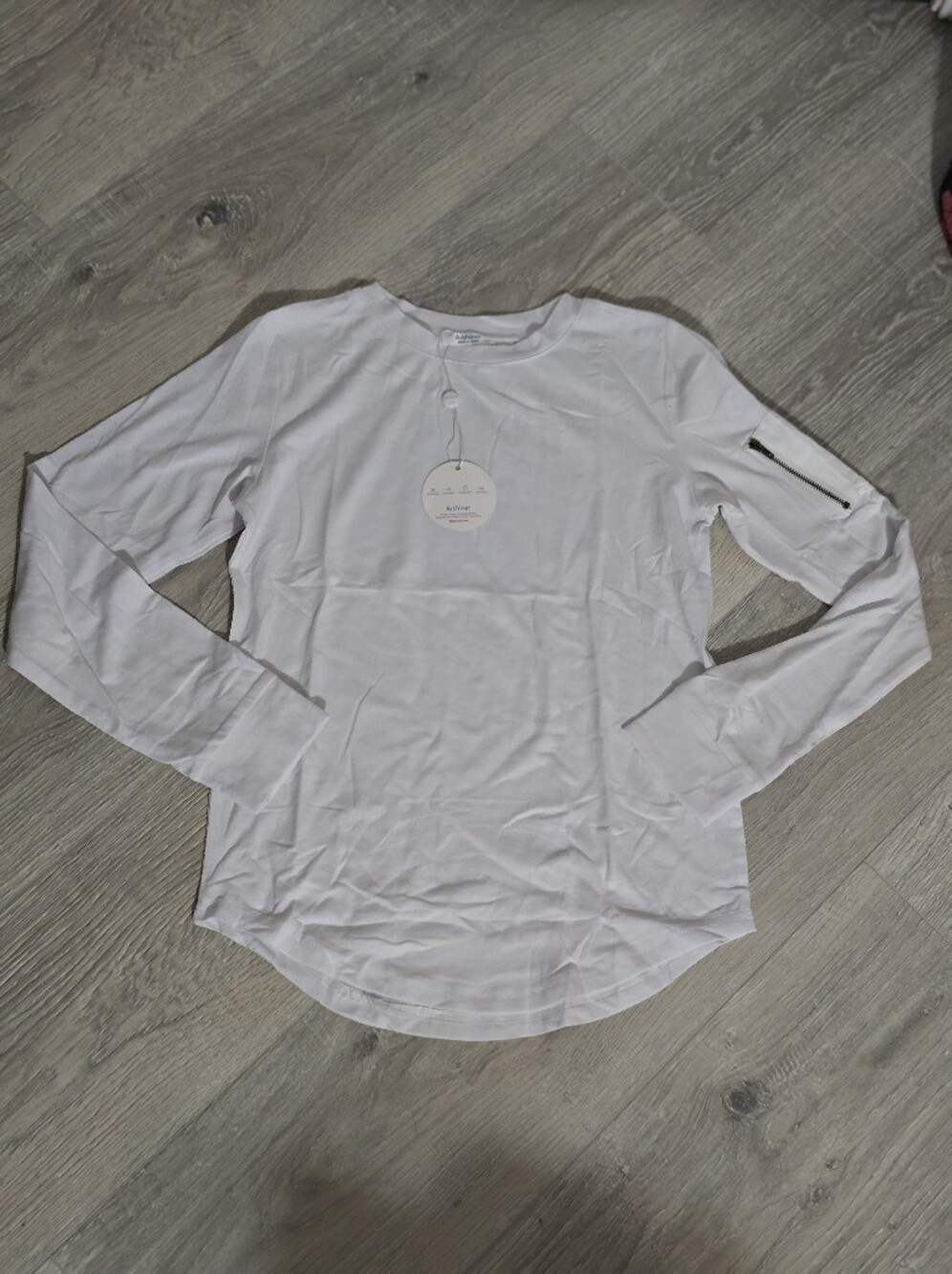 Kids White Long Sleeve Tee with Sleeve Zip Pocket